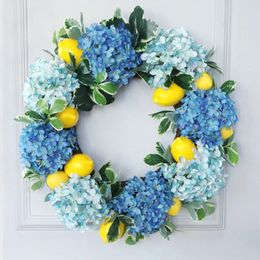 Summer Lemon Wreath Hydrangea for Front Door Fruit with Yellow Fake Flowers Home Wall Window Decoration 240517