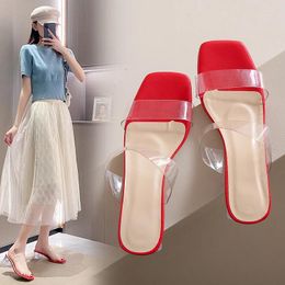 Slippers 2024 Transparent Women's Straight Line With Thick High Heels Crystal Outer Wear Soft Leather Sandals And