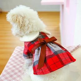 Dog Apparel 2024 Tartan Warm Princess Clothes Student Doll Collar Bowknot Plaid Woollen Dress Skirt Luxury Pet Cat Clothing