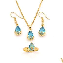 Earrings Necklace 18K Yellow Gold Gf Pendant Ring Twisted Chain Water Drop Sapphire Crystal Rec Gem With Channel Bridal Jewellery Deli Ot6Bw