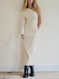 Casual Dresses Long For Women 2024 Asymmetric Neck One Shoulder Elegant Party Dress Sleeve Pleated Back Slit Hem Textured