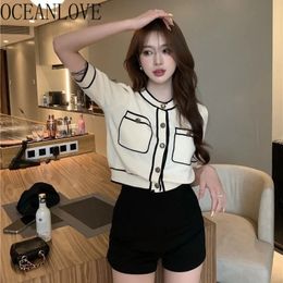 Oceanlove Thin Pullover Womens Top Kontrast Farbe Frühling/Sommer süßer kurzer Strickjacken Pullover koreanische Mode Plüsch de Mujer Vintage 240515