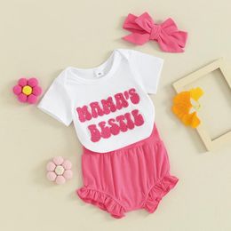 Clothing Sets 3pcs Born Baby Girls Clothes Set Fuzzy Letter Embroidery Short Sleeve Romper Top Shorts Headband Summer Outfit