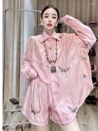 Women's Tracksuits QING MO Apricot Pink 2024 Summer Women Butterfly Embroidered Shorts Set Long Sleeve Shirt Casual Two-piece ZXY167