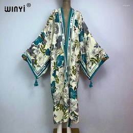 Women Casual African Kaftan Long Sleeve Beach Cover Up Summer Kimono Dress Wear Cotton Feeling Maxi