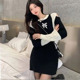 Casual Dresses Women's Black White Contrast O-Neck Bow Off Shoulder Short Skirt Design Sense Simple Gentle Knitted Dress Lady's Clothes