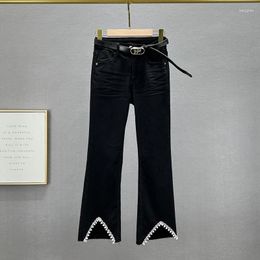 Women's Jeans Women's Cropped 2024 Spring Fall Denim Pants Elastic High Waist Slim Split Diamond Bootcut Ladies Black Jean