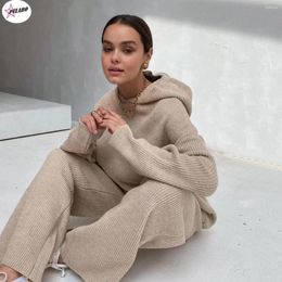 Women's Two Piece Pants PULABO Autumn Knitted Sweat Suits Women Matching Sets Long Sleeve Hoodie Wide-legged Loungewear Sweater Set