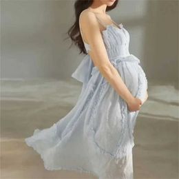 Maternity Dresses Womens photography props sexy V-neck pleated edge perspective pregnant womans dress sleeveless sliding dress H240518