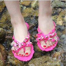Valetino Women Beach Flip Flops Classic Quality Studded Ladies Cool Bow Knot Flat Slipper Female Rivet Jelly Sandals Shoes