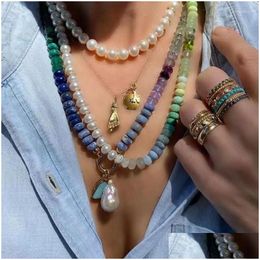 Chokers Choker Boho Semi-Precious Stone Rope Knotted Necklace Freshwater Pearl Burmese Jade Aquamarine Mixed Collar Ethnic Jewelry Gif Otogu