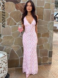 Casual Dresses BOOFEENAA Pink Floral Dress Elegant Sexy Deep V Hollow Out Backless Maxi Long For Women Holiday Party Outfits C83-CG24