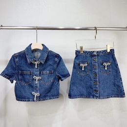 Women's Jackets 2024 Women Spring And Summer Washed Denim Rhinestone Bow Lapel Short-sleeved Top / Skirt