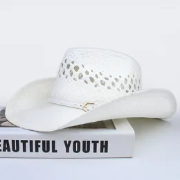 Berets Vintage Retro Simple White Leather Band Hollowed Out Women Men Straw Wide Brim Beach Cowboy Cowgirl Western Sun Hat