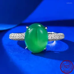 Cluster Rings 925 Silver Inlaid High Green Chalcedony Temperament Style Large Egg Face 6 8 Agate Ring For Women's Wedding Gemstones