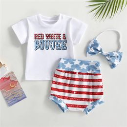 Clothing Sets Independence Day Baby Girls Summer 3PCS Outfit White Short Sleeve Letter Print Tops Stars Stripe Shorts Headband