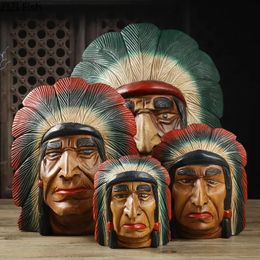 Indian Chief Natural Wood Carved Human Face Ornaments Desk Decoration Crafts Portrait Sculpture Living Room Furnishings 240517