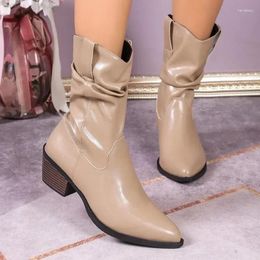 Boots Shoes For Women 2024 Fashion Slip On Women's Winter Pointed Toe Solid Pleated Short Barrel Chunky Heels Western