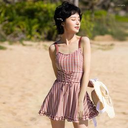 Summer One Piece Swimsuit Women Red Plaid Conservative Skirt-Style Swimwear Beach Holiday High Waisted Slimming Bathing Suit