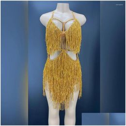 Stage Wear Gold Fringes Dance Costume Party Outfit Tassel Bodysuit Evening Birthday Show Gogo Performance Dress Drop Delivery Apparel Otgnc