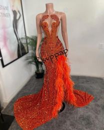 Party Dresses Sexy High Slit Sparkly Sequin Black Girl Formal Gowns 2024 Handmade Crystal Diamond Sheer Top Orange Mermaid Prom