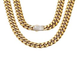 614mm wide Stainless Steel Cuban Miami Chains Necklaces CZ Zircon Box Lock Big Heavy Gold Chain Men Hip Hop Rapper jewelry2403159