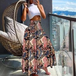 Skirts Boho Print For Women 2024 Summer Casual Elastic High Waist A-line Big Swing Long Dress Vacation Beach Sexy Sun Skirt