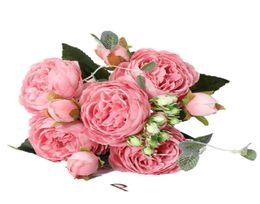 1 Bouquet Big Head and 4 Bud Cheap Fake Flowers for Home Wedding Decoration Rose Pink Silk Peony Artificial Flowers Y06302111267