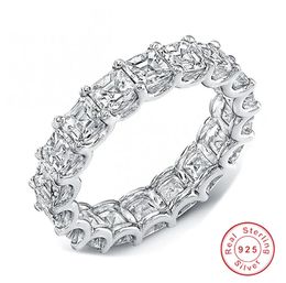 Sparkling Luxury Jewelry Real 925 Sterling Silver Princess Cut Stack White Topaz 4MM CZ Diamond Gemstones Moissanite Women Wedding5105193