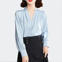 Women's Blouses Simple Fashion V-Neck Office Lady Blouse Women Chic Folds And Beading Satin Shirts Casual Slim Tops Camisas Woman Blusas