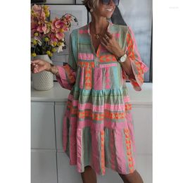 Casual Dresses Y2K INS Clothes Long Flare Sleeve V Neck Print Pleated Vacation Dress Elegant Autumn Linen Loose Bohemian