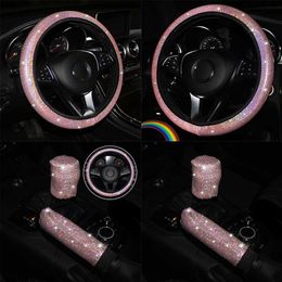 Steering Wheel Covers 3-piece/set car steering wheel cover pink flash handbrake gear cover car interior accessories all season global women T240518