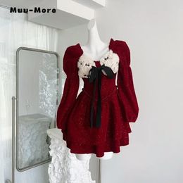 Casual Dresses Women Sweet 3D Bow Puff Sleeve Sexy Sheath Dress 2024 Winter Red Mini Female Slim Fit Vestido Evening