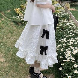 Skirts Mori Girl Style Cute Bow White Long Skirt 2024 Summer JK Lolita Kawaii Vintage Loose Aesthetics Ruffle Edge Hem For Women