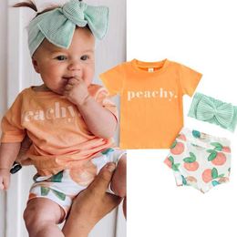 Clothing Sets FOCUSNORM 3-piece Baby Girl Boy Cute Clothing Set 0-24M Letter Short Sleeve T-shirt+Peach Print Shorts J240518