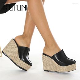 Slippers Sexy Wedges Rattan Grass Woven Platform Women's Sandals Summer 11CM Pointed Slides Shoes Slip On PU Leather Flip Flops