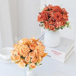 Decorative Flowers Simulation Rose Hydrangea Peony Flower Wedding Artificial Bouquet Decor Home Room Decoration Crafts Bride Holding Fake