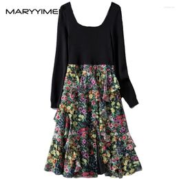Casual Dresses MARYYIMEI Fashion Spring Autumn Women's Dress Square Collar Long Sleeved Knitting Patchwork Ruffles Floral-Print Split