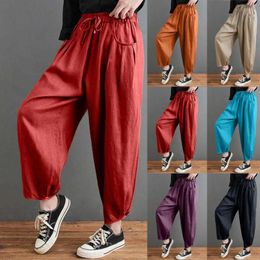 Women's Pants Retro Lace Up Summer Elastic Waist Slim Loose High Casual For Women 2024 Fashion Solid Linen Leggings