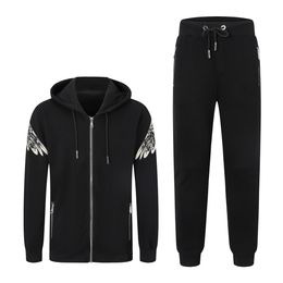 Philipe Plein Tracksuits Men's Two Piece Set Autumn Luxury Brand Crystal PP Skulls High Quality Zipper Cardigan Hooded Sweatshirt Pants Casual Black Suit Size M-3XL