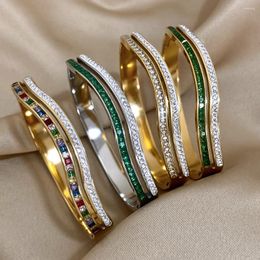 Bangle Luxury Fashion Irregular Shaped Green Zircon Bracelet For Women Wavy Curve Style Stackable Shiny Cuff Jewellery Gifts