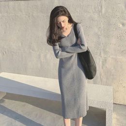 Casual Dresses Autumn Winter Korean Style Vintage Women Dress Fashion V-neck Grey Black Long Sleeve Simple Knitted Sweater