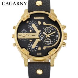 Luxury Cagarny Quartz Watch Men Black Leather Strap Golden Case Dual Times Military dz Relogio Masculino Casual Mens Watches Man X0625 259j