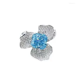 Cluster Rings S925 Silver Ring Sea Blue Treasure 10 10mm Radian Flower