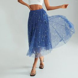 Skirts Elegant Floral Print Elastic Waist A-Line Pleated Skirt Women Midi Mesh For Spring Fall