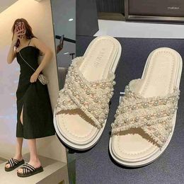 Casual Shoes Small Fragrant Pearl Slippers Women Wear Fashionable Platform Cross Flip-flops Beach Sandals In Summer