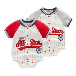 Clothing Sets Neonatal colored block baseball jumpsuit short sleeved striped letter embroidered tight fitting clothes for baby boys and toddlers J240518
