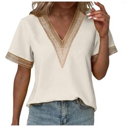 Women's Blouses Short Sleeve Shirts For Women Ladies Summer Fashion Hollow Out Sleeved V Neck Lace Solid Color Shirt Boho Style