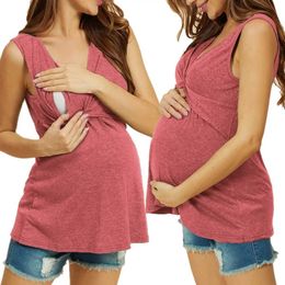 Maternity Tops Tees Womens Sleeveless Pure Colour Tops Breastfeeding Nusring Maternity Clothes Pregnant Blouse Maternity Clothes for Pregnant Y240518