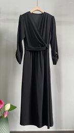 Casual Dresses Top End Women Fashion Black Deep V-neck Pile Up Sleeve Slim Fit Maxi Dress Elegant Lady All Match Split Pullover Long